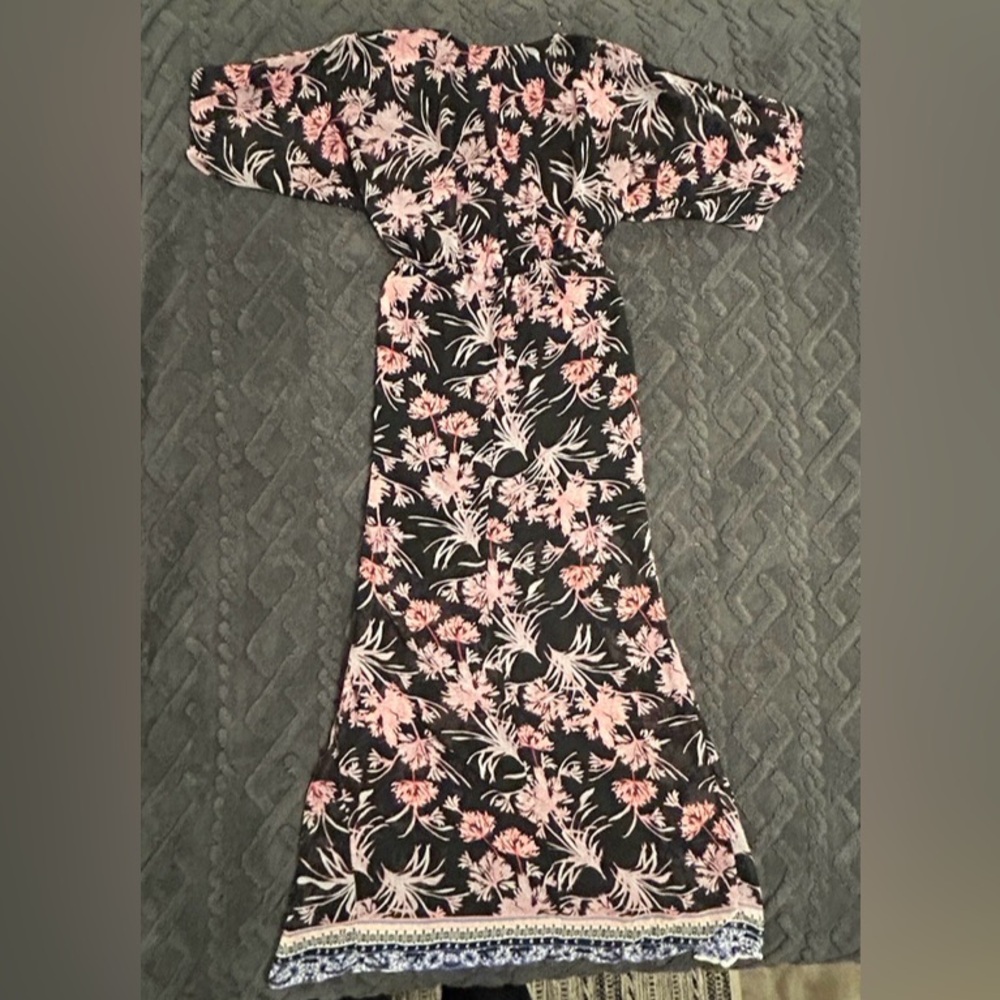 NEW EXPRESS Boho V-Neck Floral Kimono Style Maxi Dress w/ Slit Black Pink White - Picture 4 of 14